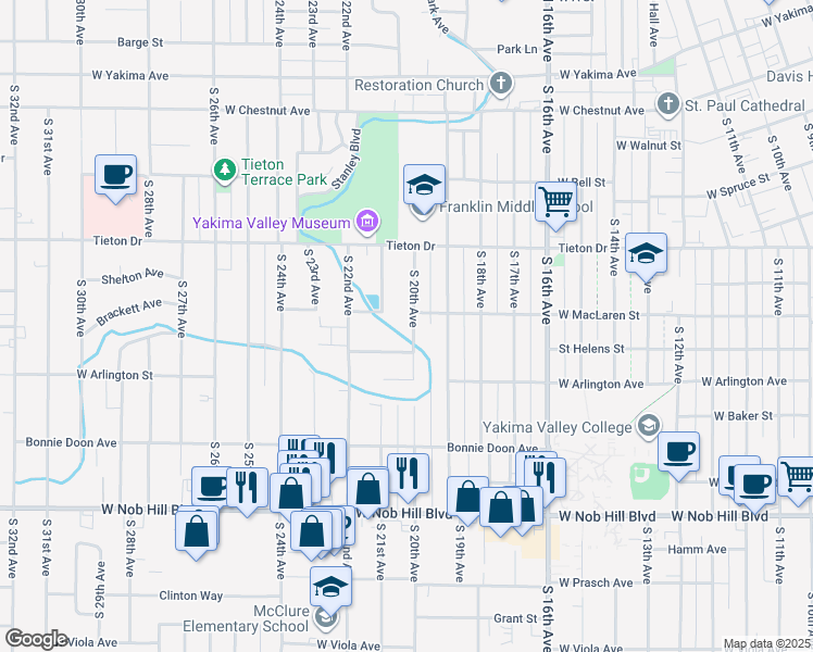 map of restaurants, bars, coffee shops, grocery stores, and more near 706 South 20th Avenue in Yakima