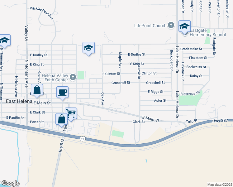 map of restaurants, bars, coffee shops, grocery stores, and more near 1137 Riggs Street in East Helena