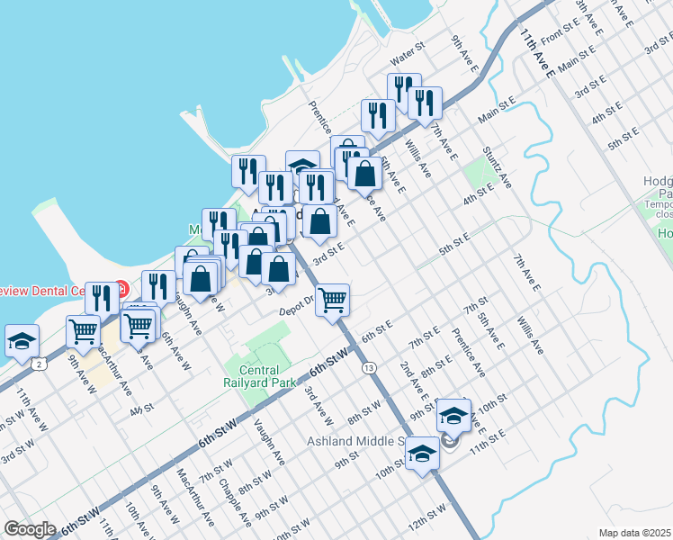 map of restaurants, bars, coffee shops, grocery stores, and more near 420 Ellis Avenue South in Ashland