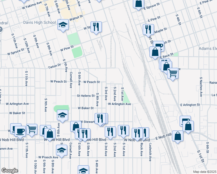 map of restaurants, bars, coffee shops, grocery stores, and more near 714 South 2nd Avenue in Yakima