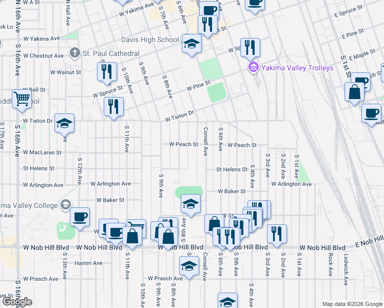 map of restaurants, bars, coffee shops, grocery stores, and more near 718 South 7th Avenue in Yakima