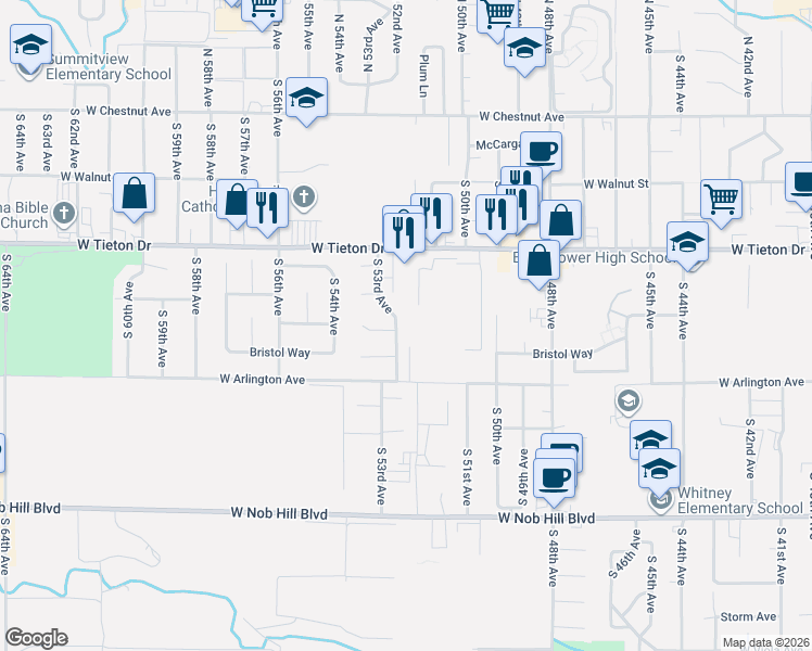 map of restaurants, bars, coffee shops, grocery stores, and more near 807 South 53rd Avenue in Yakima