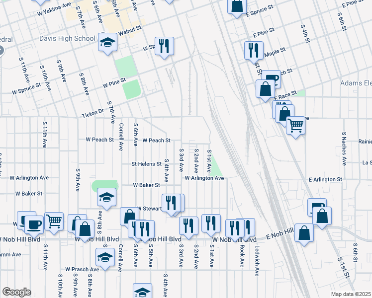 map of restaurants, bars, coffee shops, grocery stores, and more near 701 South 3rd Avenue in Yakima