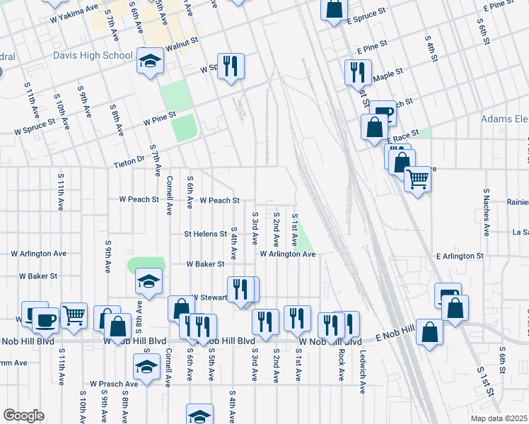 map of restaurants, bars, coffee shops, grocery stores, and more near 701 South 3rd Avenue in Yakima