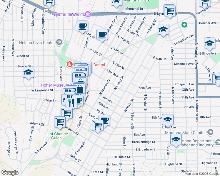 map of restaurants, bars, coffee shops, grocery stores, and more near 530 North Ewing Street in Helena