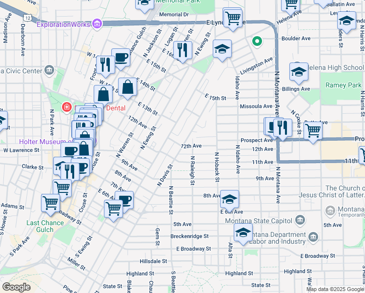 map of restaurants, bars, coffee shops, grocery stores, and more near 622 North Davis Street in Helena