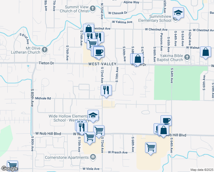 map of restaurants, bars, coffee shops, grocery stores, and more near 705 South 72nd Avenue in Yakima
