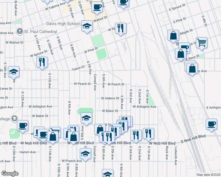 map of restaurants, bars, coffee shops, grocery stores, and more near 715 South 6th Avenue in Yakima