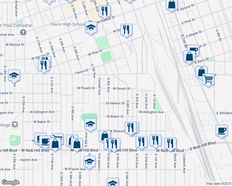 map of restaurants, bars, coffee shops, grocery stores, and more near 715 South 6th Avenue in Yakima