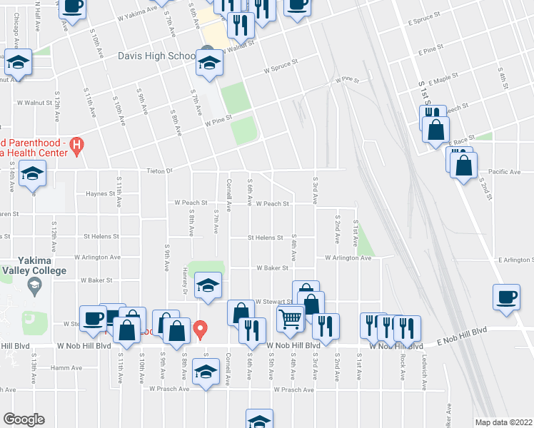 map of restaurants, bars, coffee shops, grocery stores, and more near 706 South 5th Avenue in Yakima