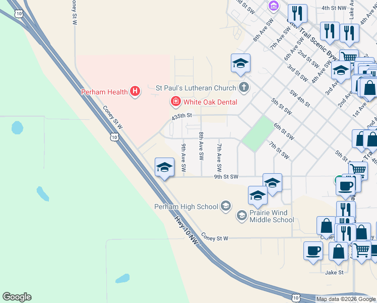 map of restaurants, bars, coffee shops, grocery stores, and more near 821 9th Avenue Southwest in Perham