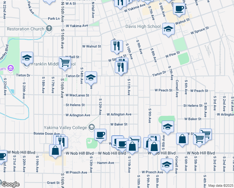 map of restaurants, bars, coffee shops, grocery stores, and more near 613 Queen Avenue in Yakima