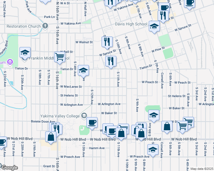 map of restaurants, bars, coffee shops, grocery stores, and more near 613 Queen Avenue in Yakima