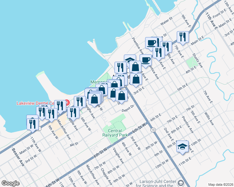 map of restaurants, bars, coffee shops, grocery stores, and more near 212 2nd Avenue West in Ashland