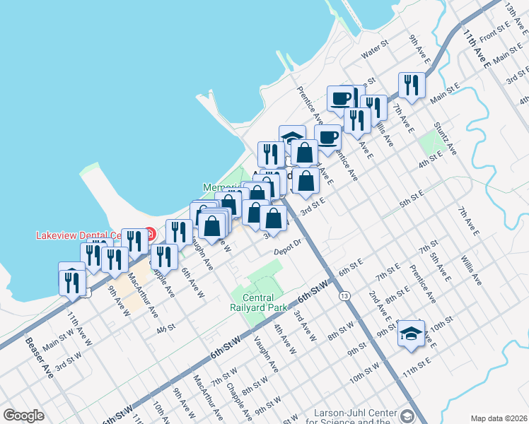 map of restaurants, bars, coffee shops, grocery stores, and more near 212 2nd Avenue West in Ashland