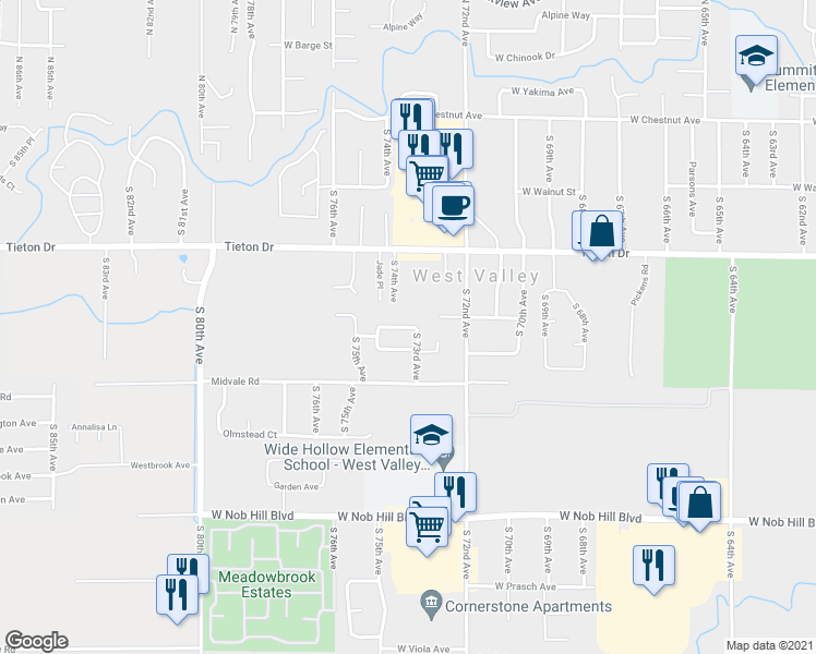 map of restaurants, bars, coffee shops, grocery stores, and more near 7404 Maree Lane in Yakima