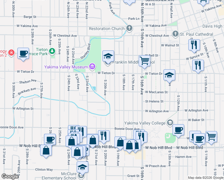 map of restaurants, bars, coffee shops, grocery stores, and more near 615 South 19th Avenue in Yakima