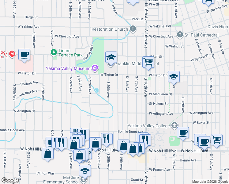 map of restaurants, bars, coffee shops, grocery stores, and more near 615 South 20th Avenue in Yakima