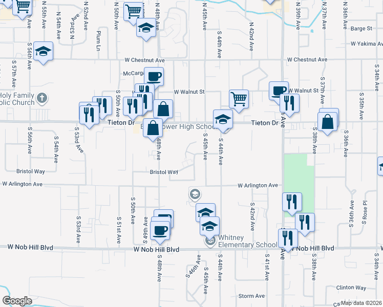 map of restaurants, bars, coffee shops, grocery stores, and more near 4602 Tieton Drive in Yakima