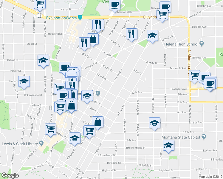 map of restaurants, bars, coffee shops, grocery stores, and more near 609 North Ewing Street in Helena