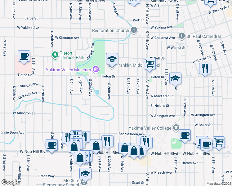 map of restaurants, bars, coffee shops, grocery stores, and more near 615 South 19th Avenue in Yakima