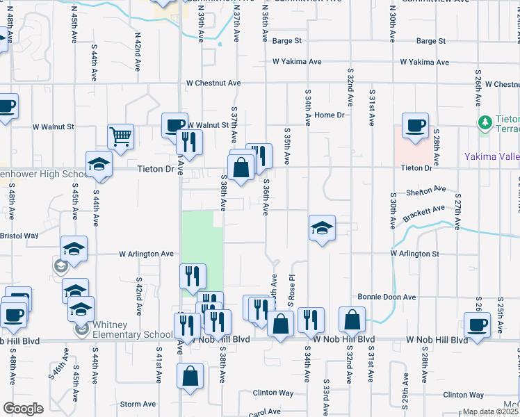 map of restaurants, bars, coffee shops, grocery stores, and more near 613-621 South 36th Avenue in Yakima