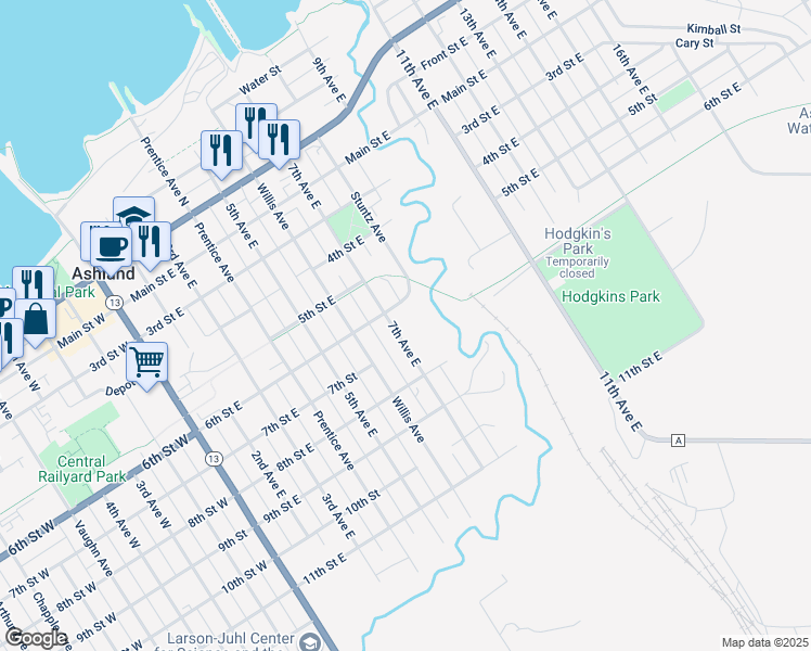 map of restaurants, bars, coffee shops, grocery stores, and more near 600 7th Avenue East in Ashland