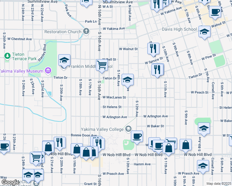 map of restaurants, bars, coffee shops, grocery stores, and more near 614 South 14th Avenue in Yakima