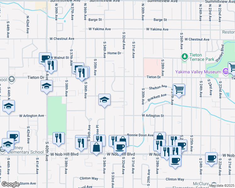 map of restaurants, bars, coffee shops, grocery stores, and more near 610 South 32nd Avenue in Yakima