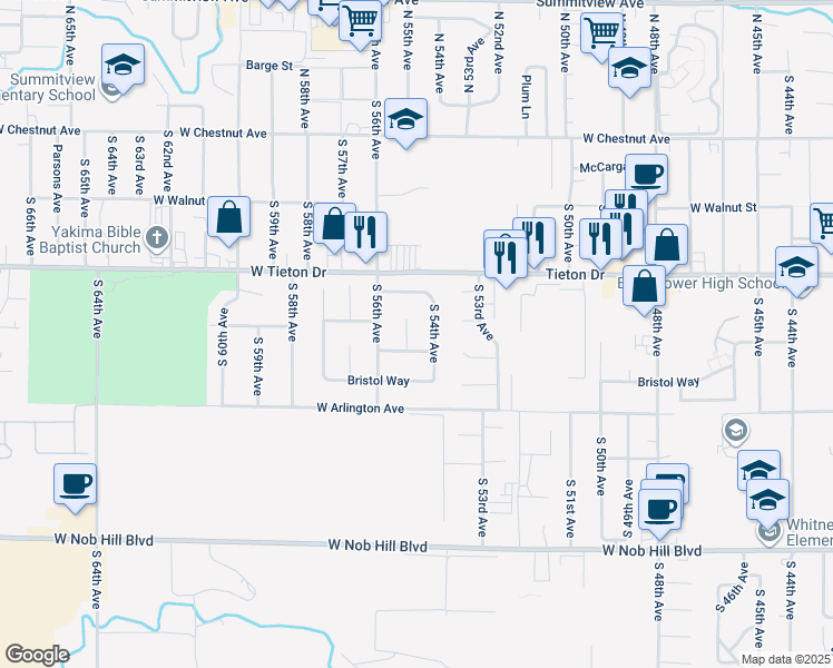 map of restaurants, bars, coffee shops, grocery stores, and more near 705 Leann Place in Yakima