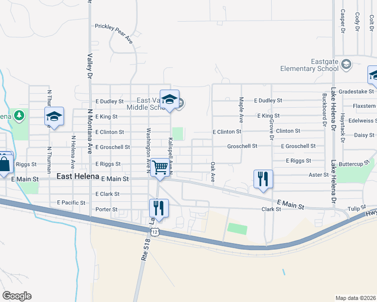 map of restaurants, bars, coffee shops, grocery stores, and more near 870-948 E Groschell St in East Helena