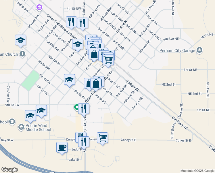 map of restaurants, bars, coffee shops, grocery stores, and more near 344 2nd Street Northwest in Perham