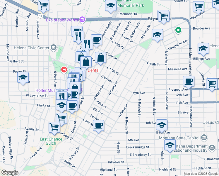 map of restaurants, bars, coffee shops, grocery stores, and more near 616 North Ewing Street in Helena