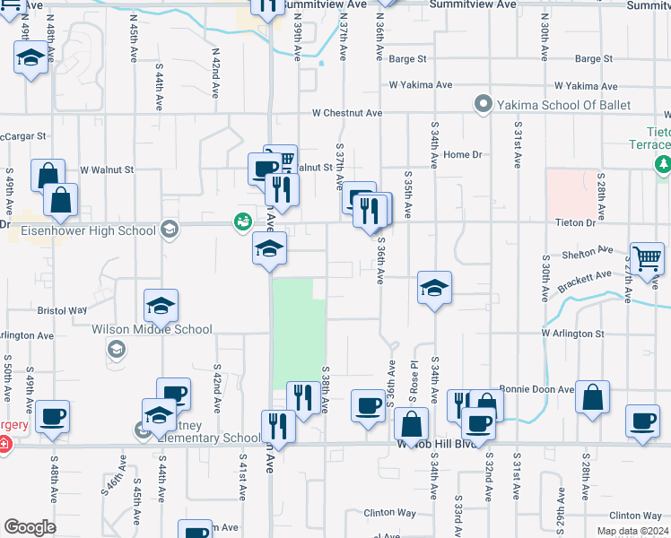 map of restaurants, bars, coffee shops, grocery stores, and more near 618 South 38th Avenue in Yakima