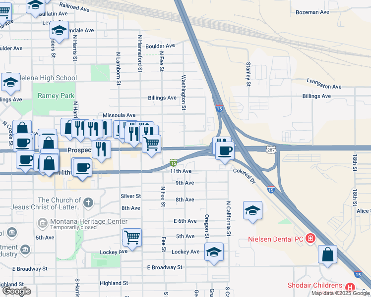 map of restaurants, bars, coffee shops, grocery stores, and more near 2100 Prospect Avenue in Helena