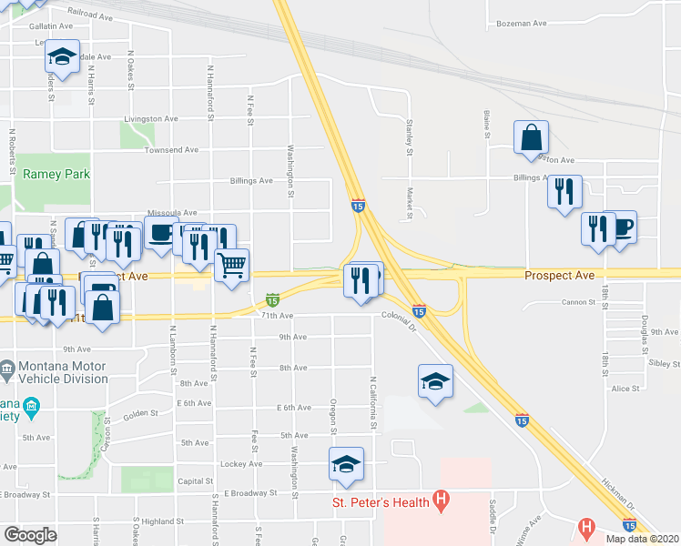 map of restaurants, bars, coffee shops, grocery stores, and more near U.S. 287 in East Helena