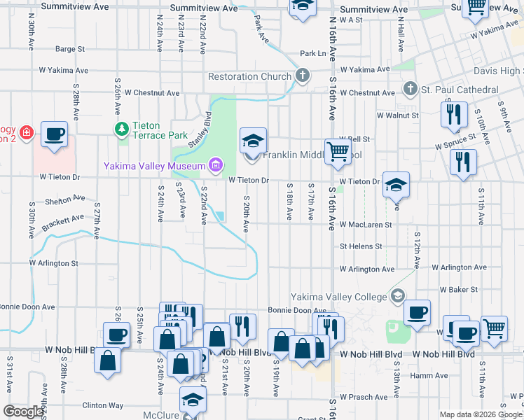 map of restaurants, bars, coffee shops, grocery stores, and more near 615 South 19th Avenue in Yakima