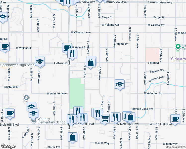 map of restaurants, bars, coffee shops, grocery stores, and more near 632 South 36th Avenue in Yakima
