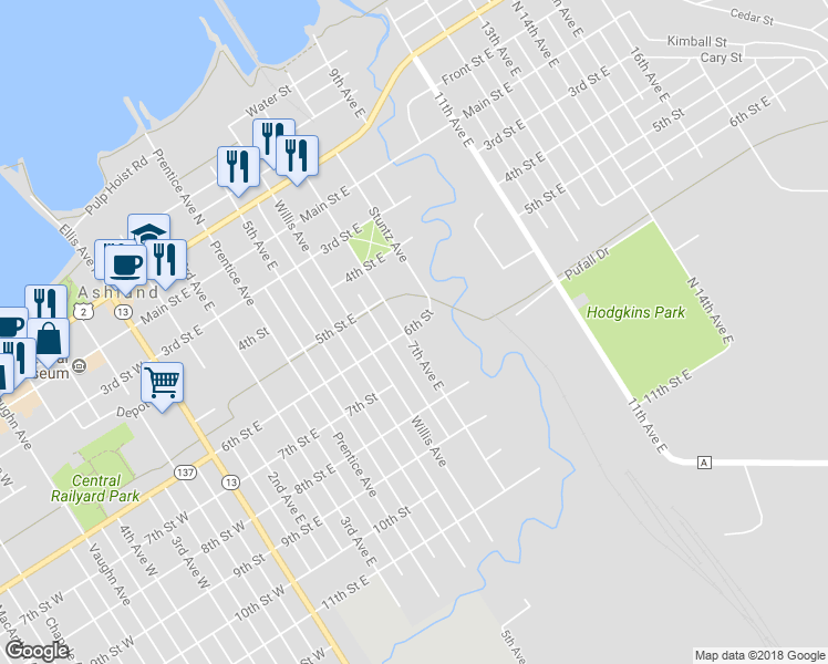map of restaurants, bars, coffee shops, grocery stores, and more near 600 7th Avenue East in Ashland
