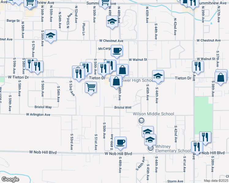 map of restaurants, bars, coffee shops, grocery stores, and more near 620 South 48th Avenue in Yakima