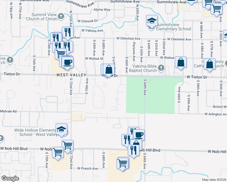 map of restaurants, bars, coffee shops, grocery stores, and more near 622 Pickens Rd in Yakima