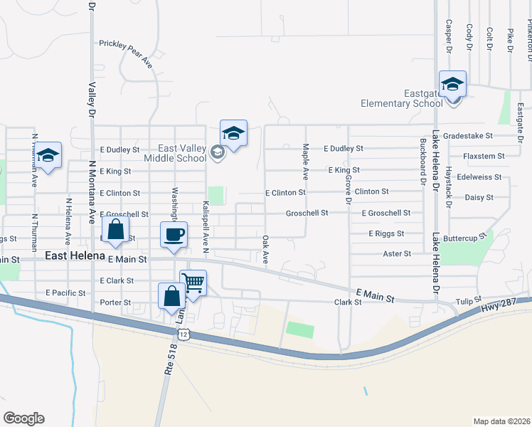 map of restaurants, bars, coffee shops, grocery stores, and more near 1100 Groschell Street in East Helena