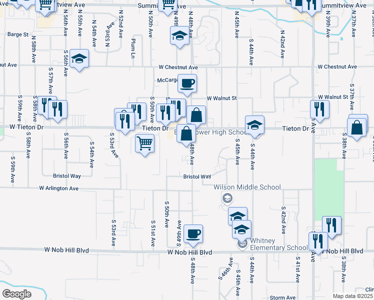 map of restaurants, bars, coffee shops, grocery stores, and more near 620 South 48th Avenue in Yakima