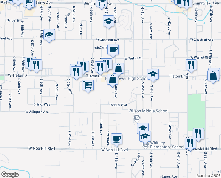 map of restaurants, bars, coffee shops, grocery stores, and more near 620 South 48th Avenue in Yakima