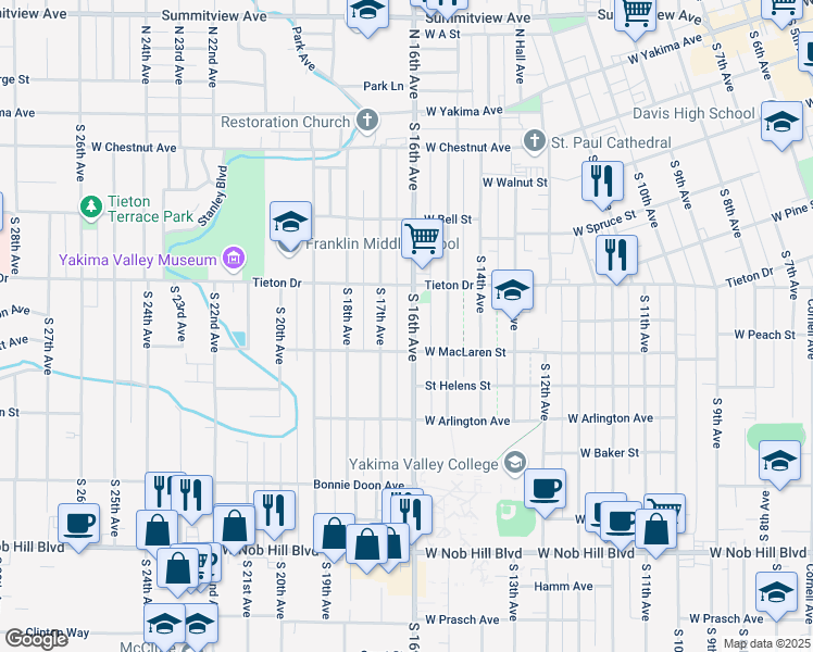 map of restaurants, bars, coffee shops, grocery stores, and more near 616 South 16th Avenue in Yakima