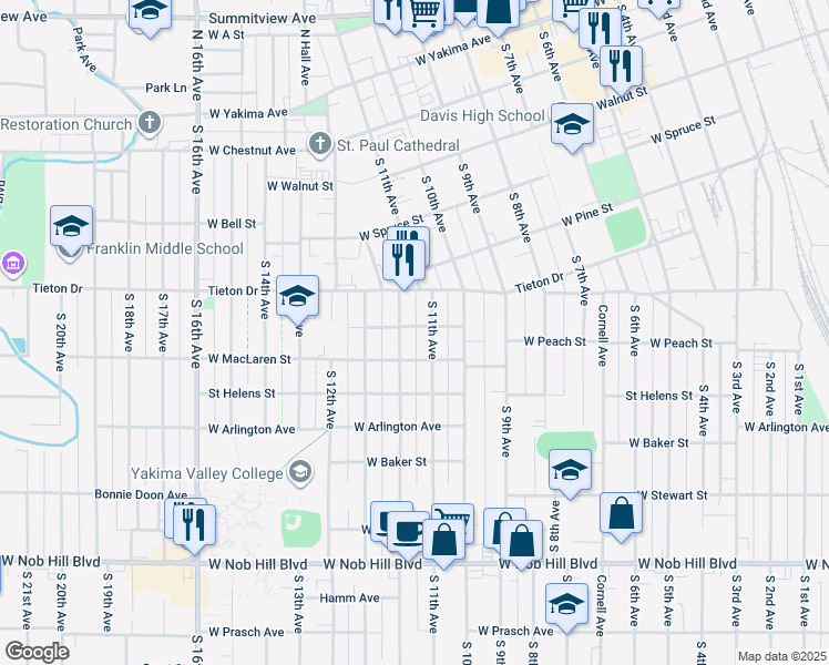 map of restaurants, bars, coffee shops, grocery stores, and more near 613 1/2 Pleasant Avenue in Yakima
