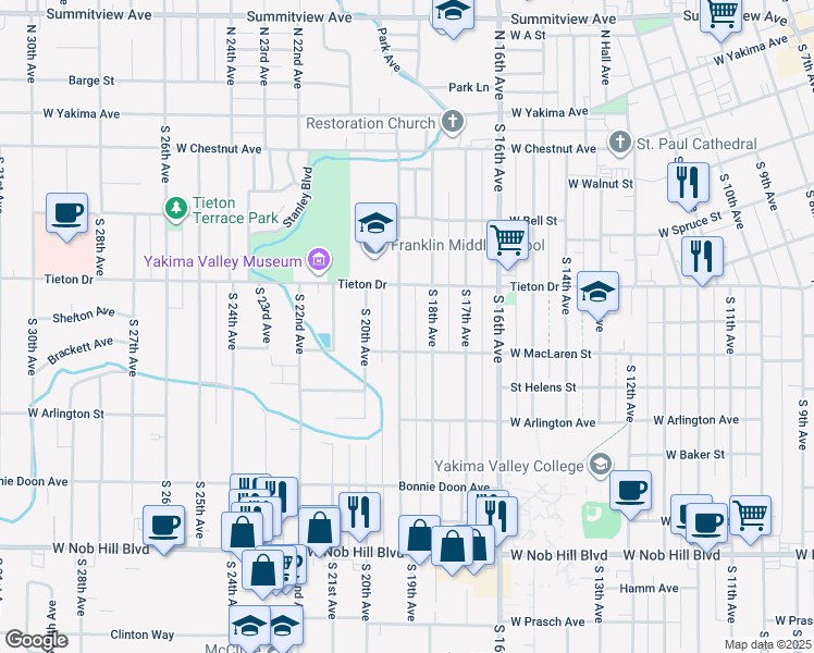 map of restaurants, bars, coffee shops, grocery stores, and more near 615 South 19th Avenue in Yakima