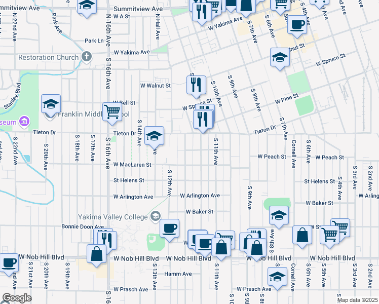map of restaurants, bars, coffee shops, grocery stores, and more near 613 Queen Avenue in Yakima