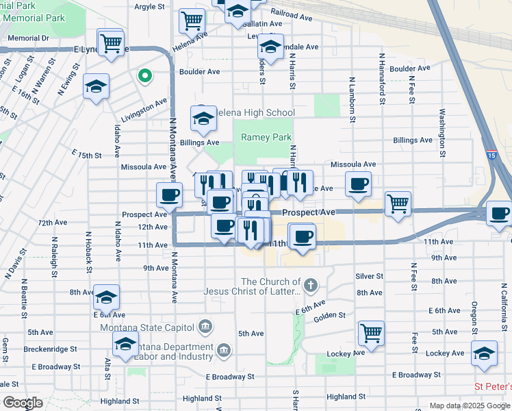 map of restaurants, bars, coffee shops, grocery stores, and more near 1450 Prospect Avenue in Helena