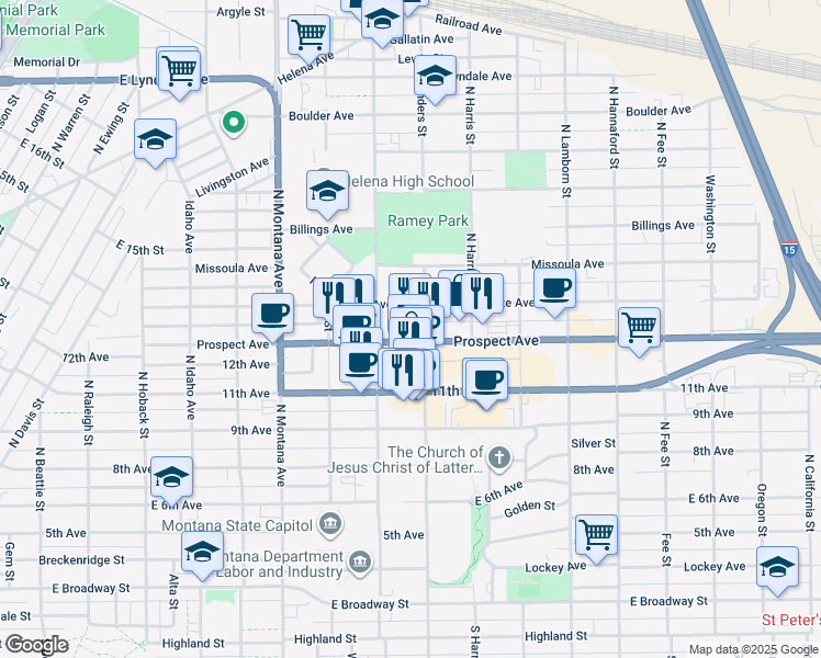 map of restaurants, bars, coffee shops, grocery stores, and more near 1450 Prospect Ave in Helena